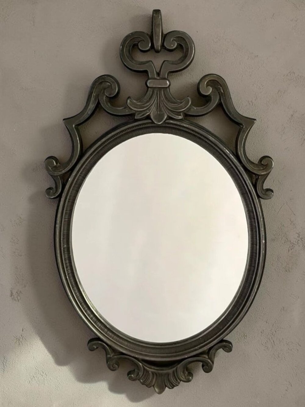 Vintage Pewter Oval Wall Mirror MCM Victorian Revival Gothic